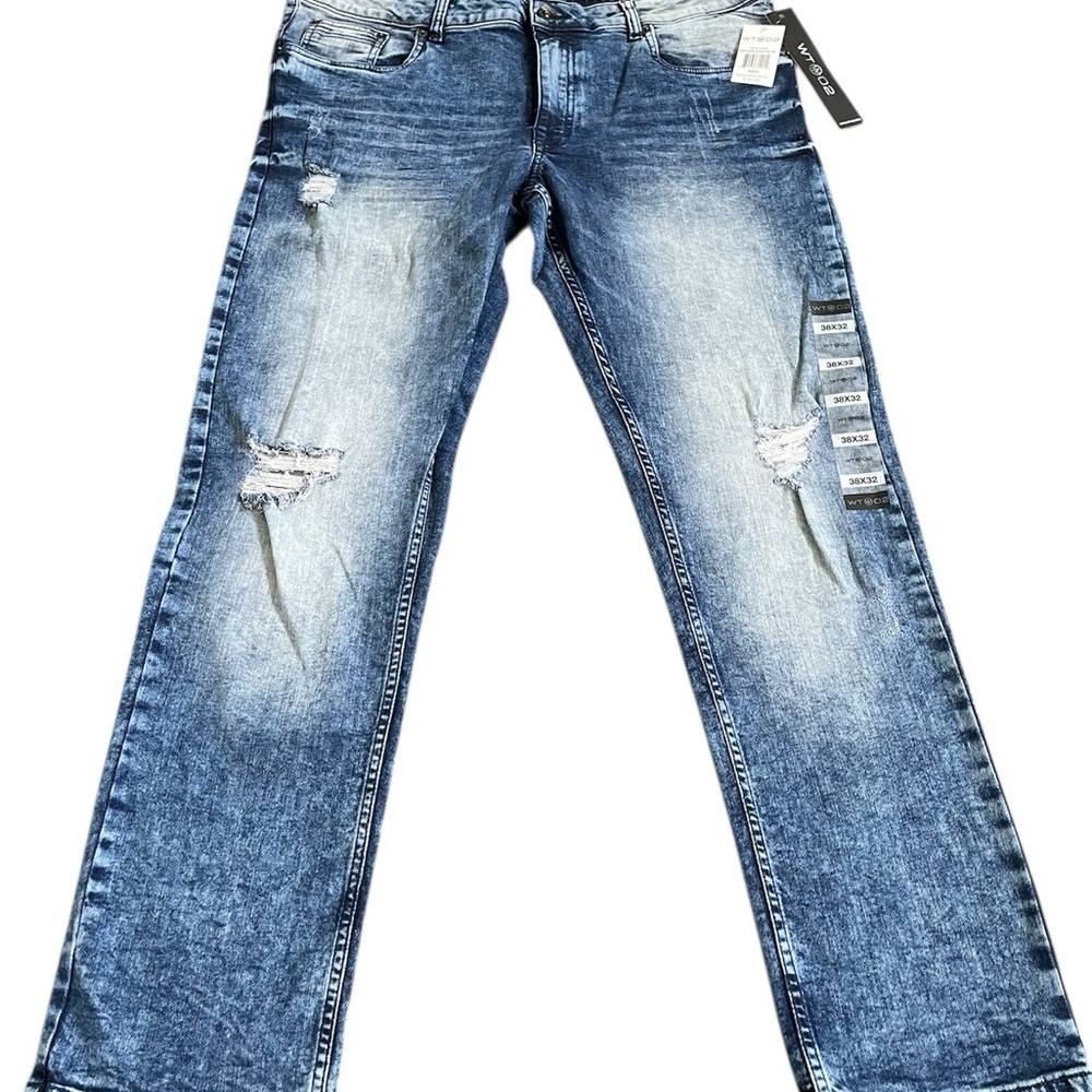 Blue Straight-Leg Distressed Jeans with Faded Wash